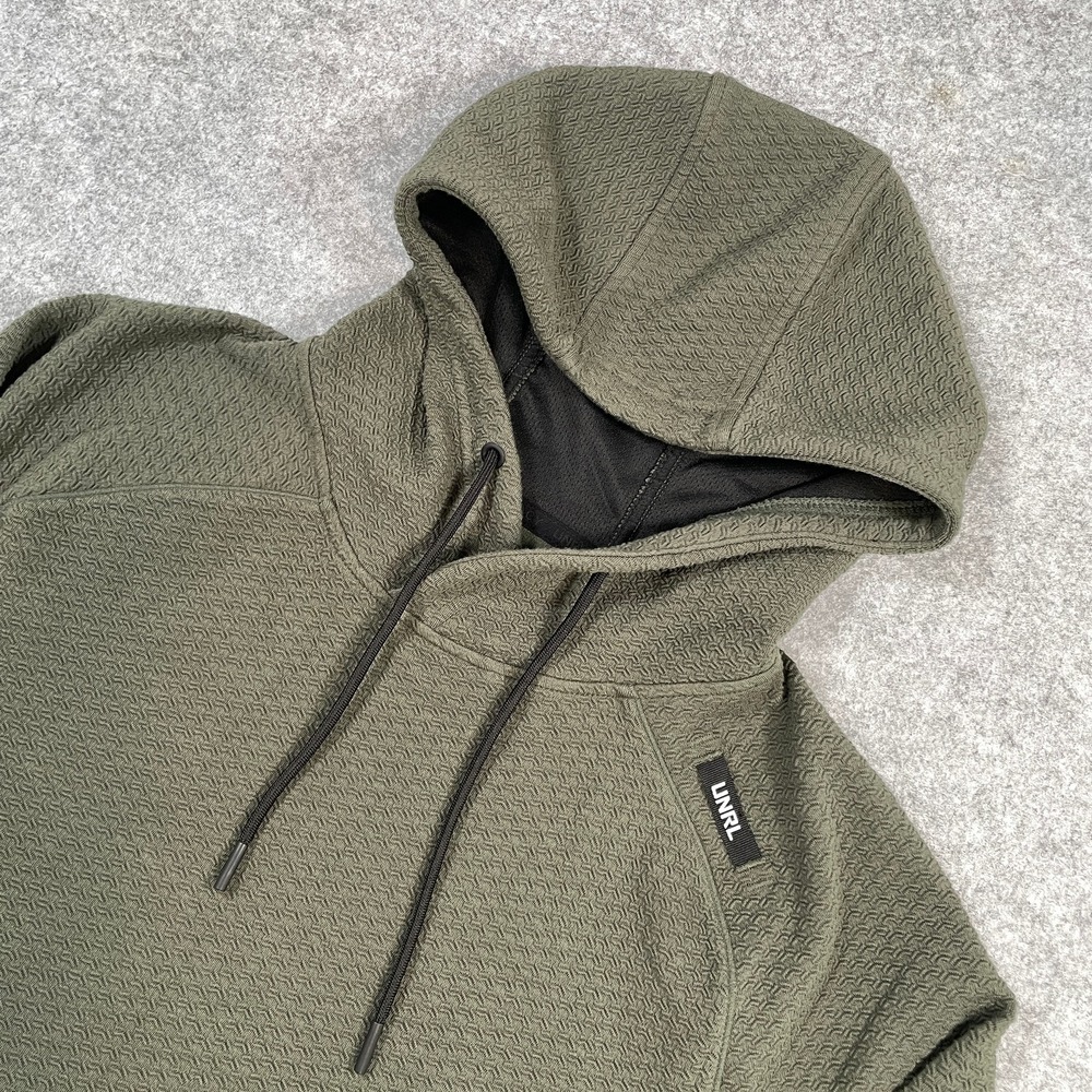 UNRL Mens Elevation Hoodie Small Olive Green Textured Athletic Pullover NWT